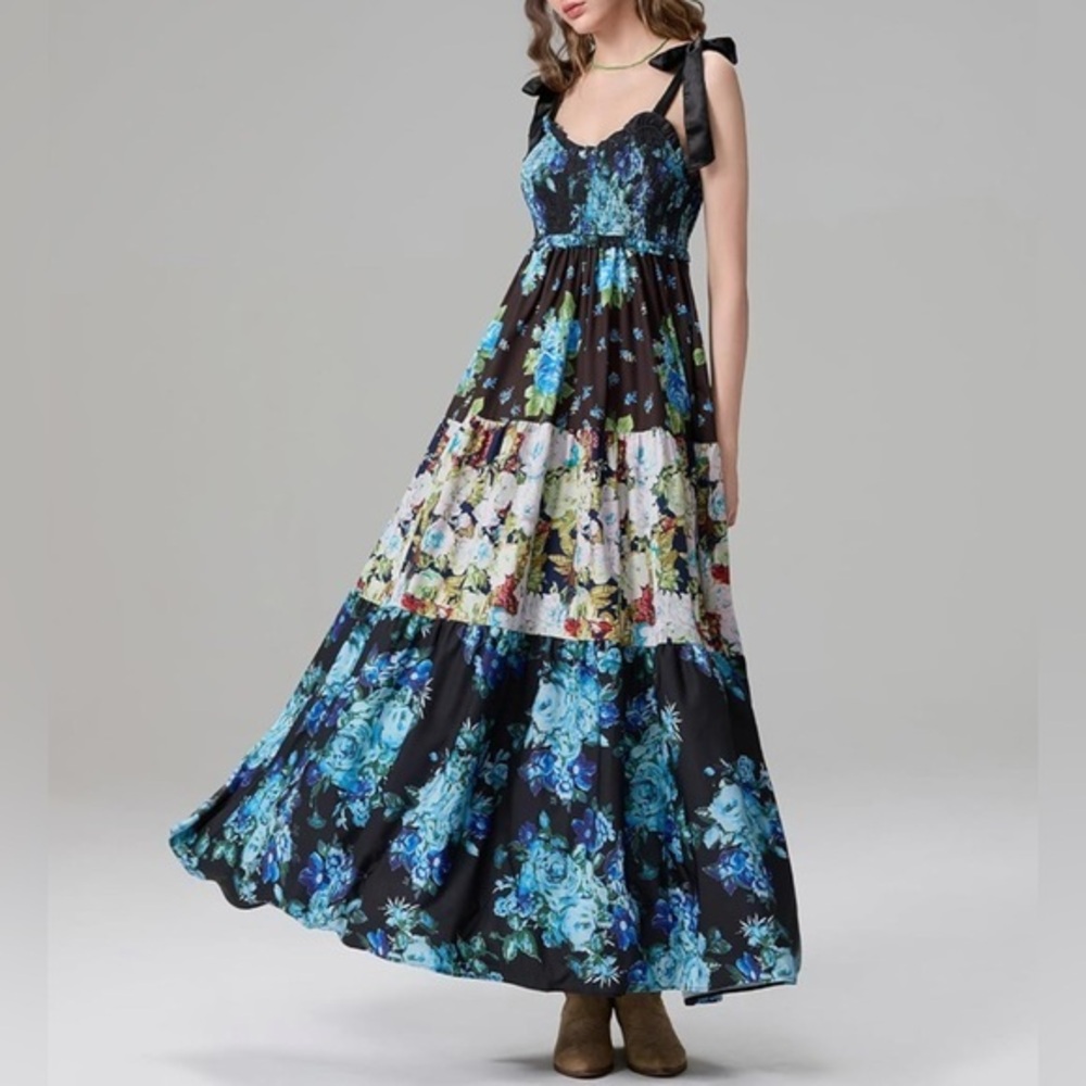 Unbranded Women’s Large Blue Bluebell Floral Boho Maxi Dress L Tie Shoulders